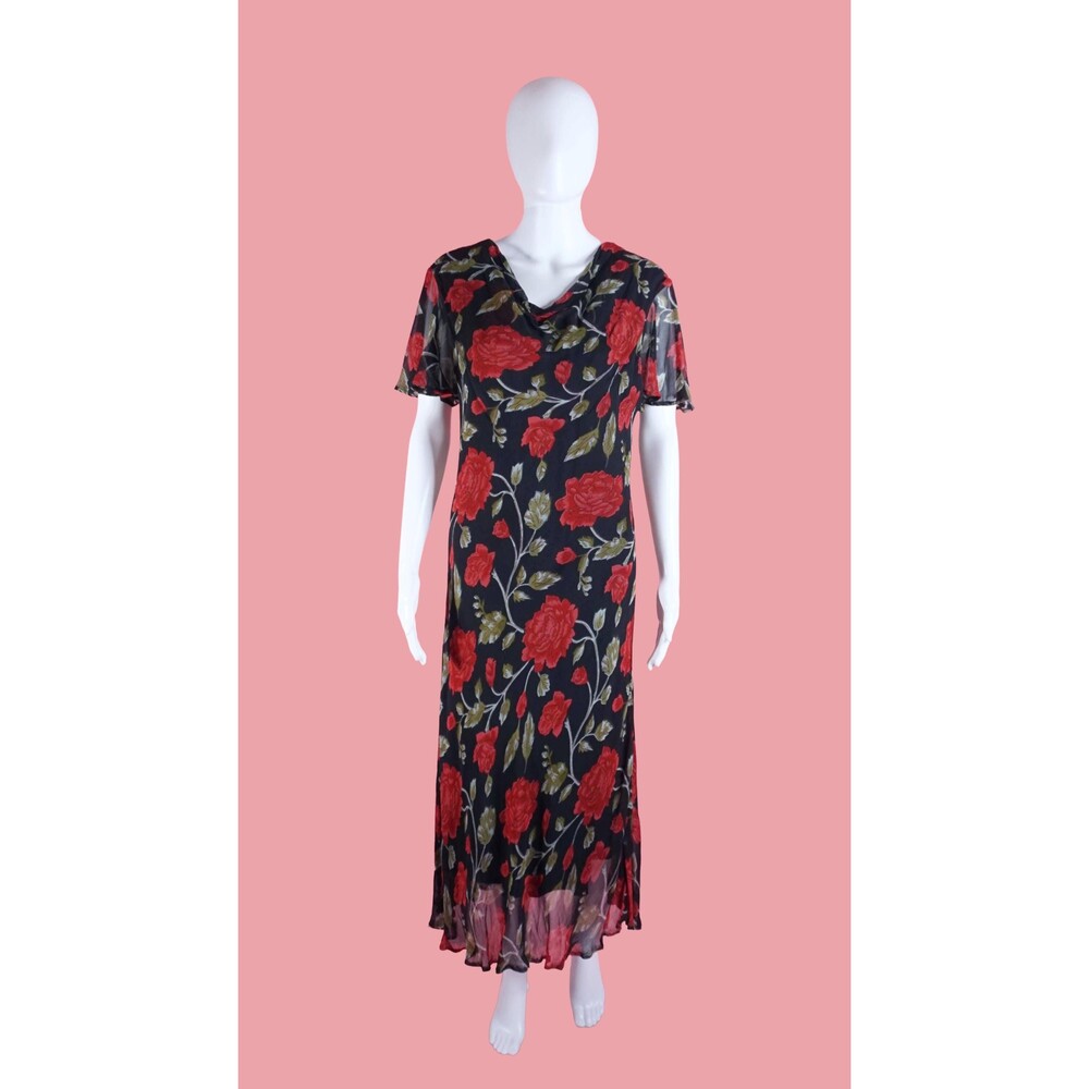 1990s-Y2K BEDFORD FAIR ROSE Printed Flutter Sleeves Black Dress. L-XL